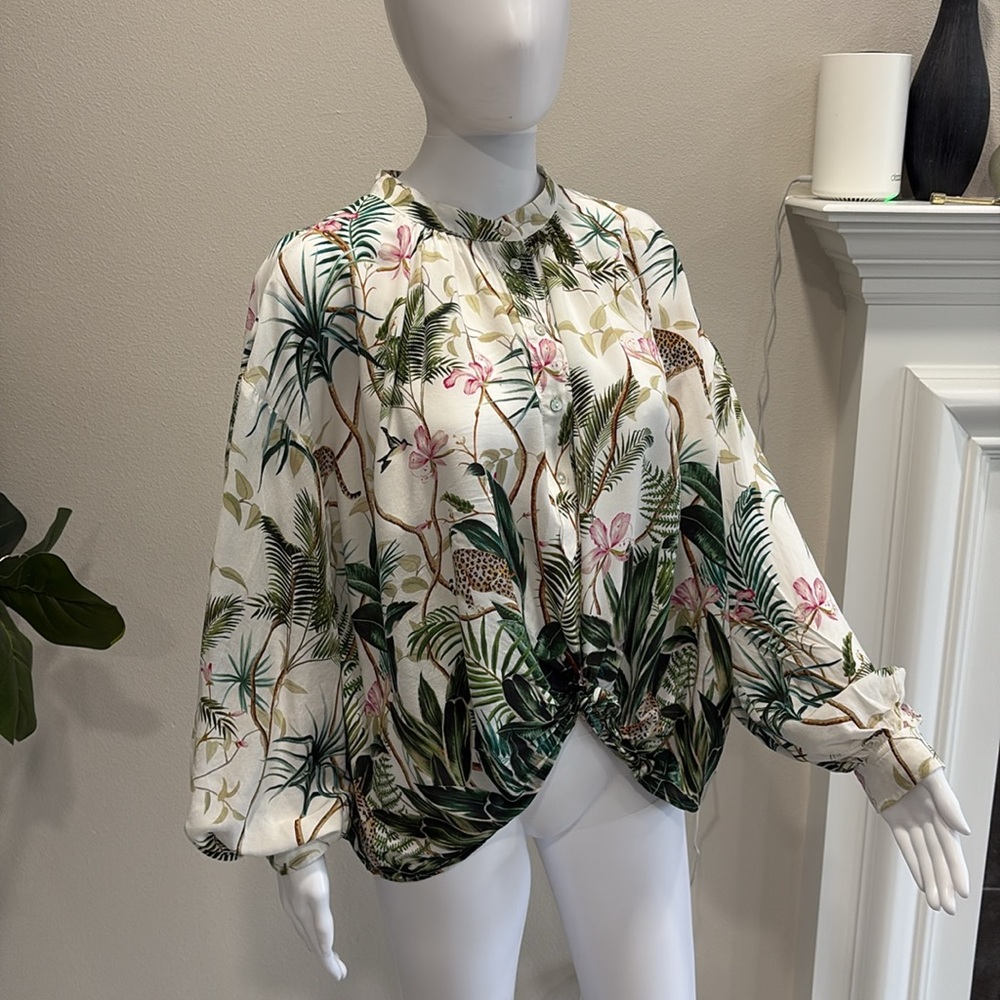 H&M Jungle Floral Print Blouse Womens Size 14 Balloon Sleeve 1/2 Placket Popover - Picture 16 of 16